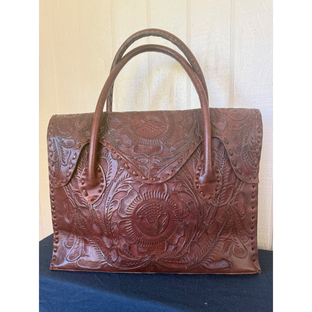 Hand-Tooled Floral Leather Tote in Dark Brown